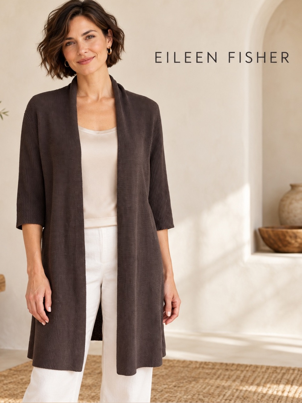 🌸Eileen Fisher Silk Blend Dark Brown Open-Front Knit Cardigan sizeL Quiet Luxury